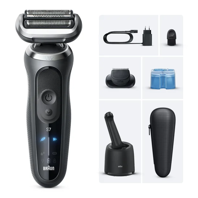 Braun Series 7 shaver with charging stand, cleaning system cartridges & travel case.