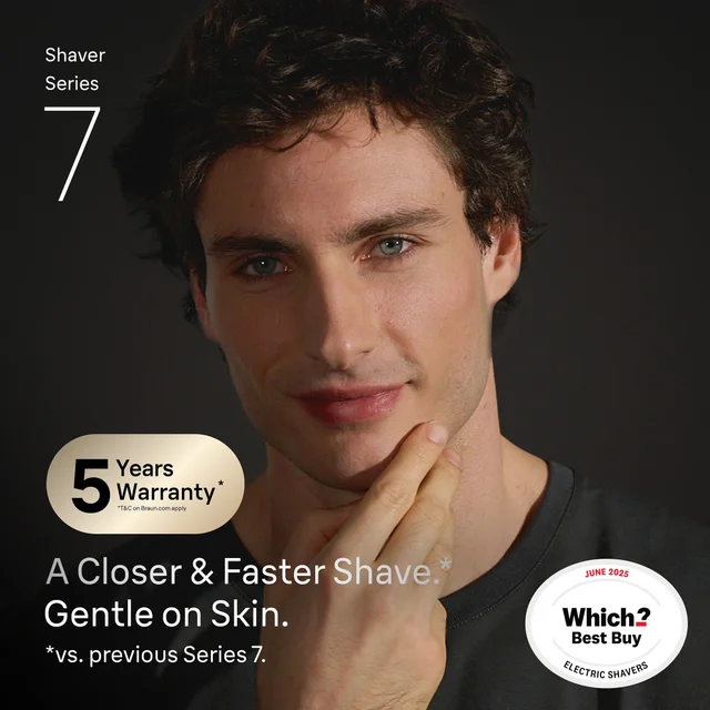 Closer, faster, gentle shave from Braun Shaver Series 7, with Which? Best Buy award.