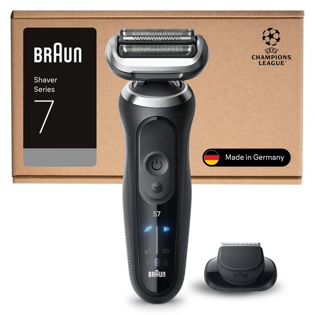 Braun Shaver Series 7, with trimmer attachment & packaging featuring UEFA logo & Made in Germany.