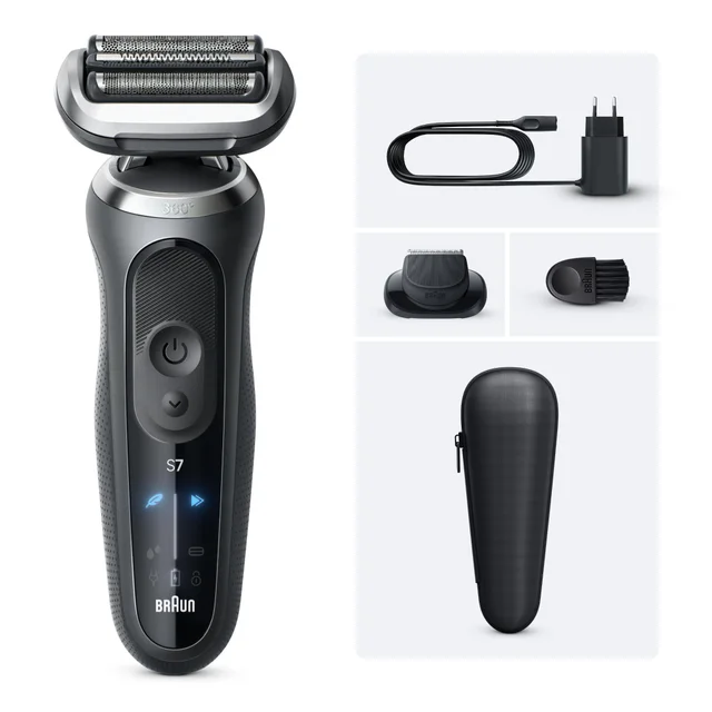 Braun S7 Electric Shaver with charger, cleaning brush, trimmer attachment, and travel case.