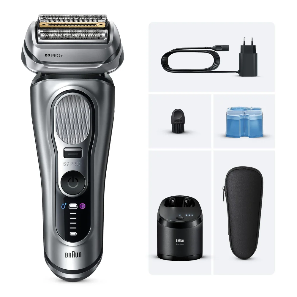 Braun S9 Pro+ shaver with SmartCare station, travel case, charger and cleaning cartridges.