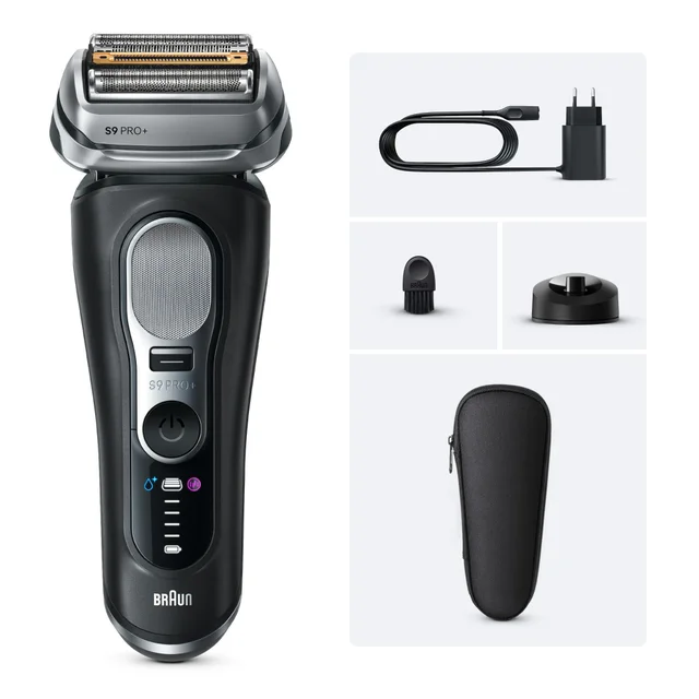 Braun S9 Pro+ shaver shown with charging stand, travel case, cleaning brush, and charger.