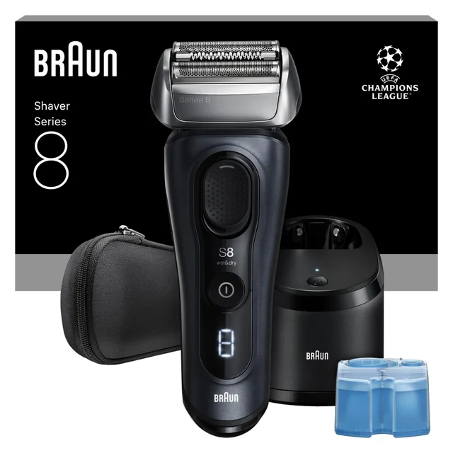 Braun Series 8 Shaver, UEFA Champions League Edition, with cleaning station & travel case.