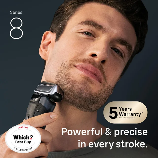 Braun Series 8 shaver in use, highlighting its powerful, precise shave & Which? Best Buy award.