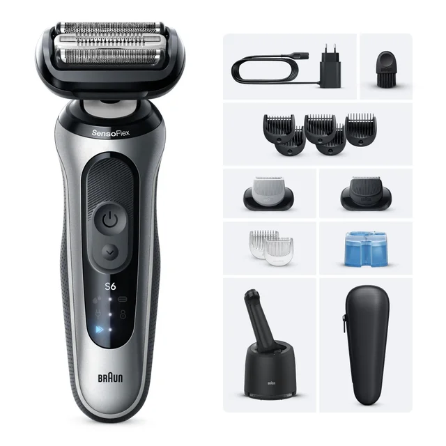 Braun Series 6 SensoFlex electric shaver with all included grooming attachments and accessories.