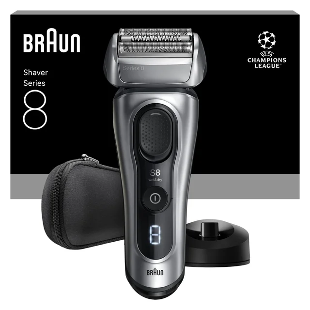 Braun Series 8 Shaver packaging, highlighting wet&dry feature and UEFA Champions League logo.