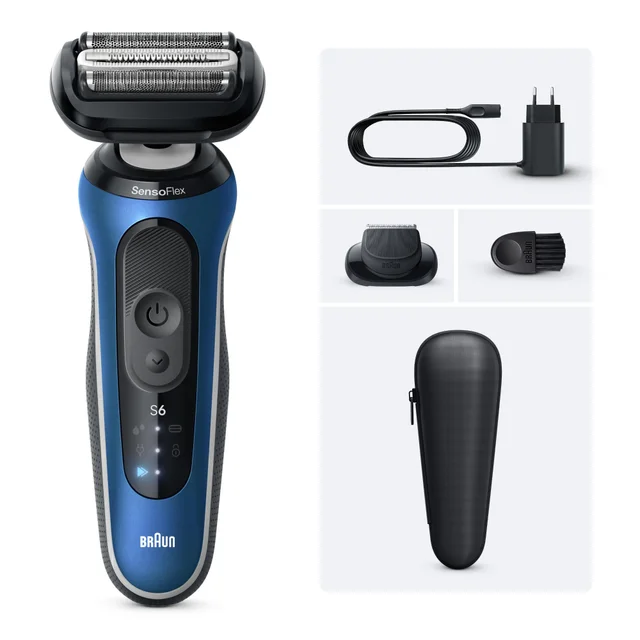 Braun Series 6 SensoFlex electric shaver with precision trimmer, charging cable, brush, and travel case.