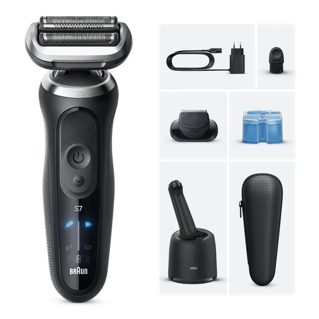 Braun Series 7 electric shaver and its full set of included accessories.