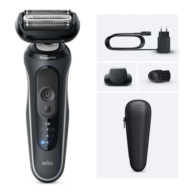 Braun S6 shaver with SensoFlex technology, shown with charging cable, trimmer, brush & travel case.