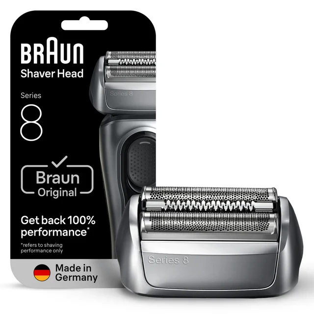 Braun Series 8 Shaver Head packaging & product, highlighting 'Get back 100% performance'.