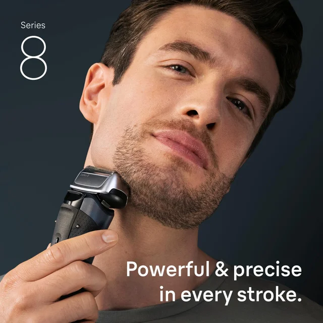 Braun Series 8 shaver being used, showcasing powerful & precise shaving.