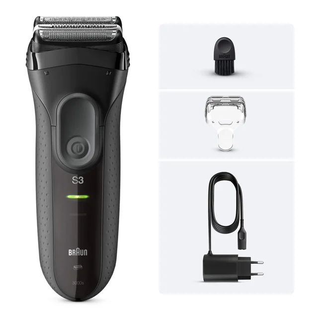 Braun Series 3000s shaver shown with its cleaning brush, shaver head, and charger.
