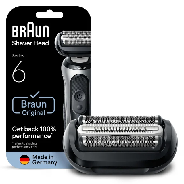 Braun Shaver Head Series 6 packaging, highlighting 'Get back 100% performance'.