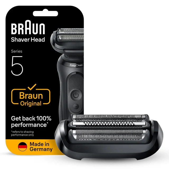 Braun Series 5 Shaver Head and packaging, highlighting 'Get back 100% performance' claim.