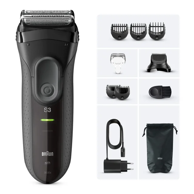 Braun Series 3 3000s electric shaver with multiple attachments and accessories.
