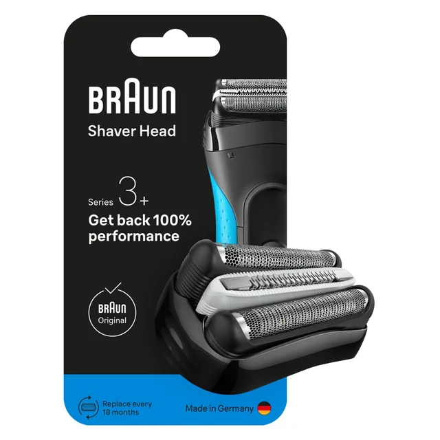 Braun Shaver Head Series 3+ packaging, highlighting 'Get back 100% performance'.