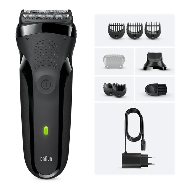 Braun electric shaver and full set of grooming attachments including combs and trimmer.