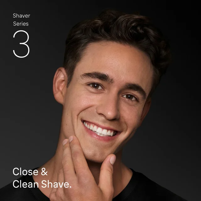 Close & clean shave from Braun Shaver Series 3 on a smiling man.