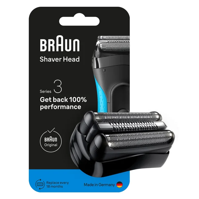 Braun Shaver Head Series 3 packaging, highlighting 'Get back 100% performance'.