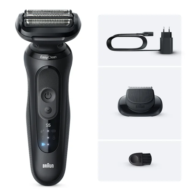 Braun Series 5 electric shaver with EasyClean, charging cable, precision trimmer, and brush.