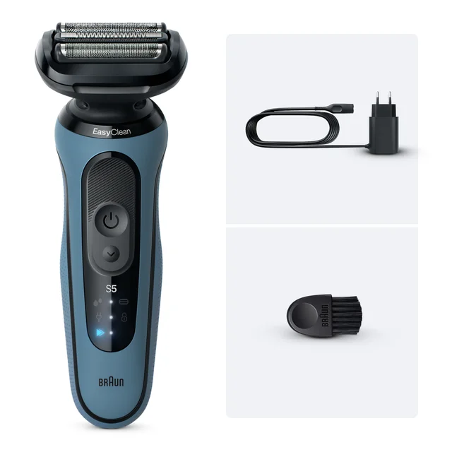 Braun Series 5 EasyClean electric shaver with charger and cleaning brush.
