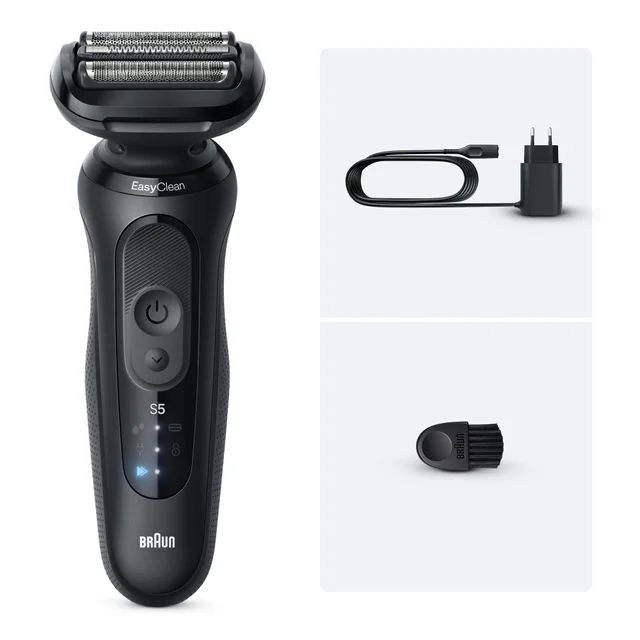 Braun Series 5 electric shaver with EasyClean, power adapter, and cleaning brush.