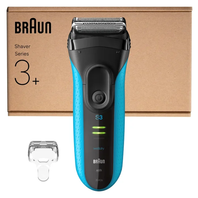 Braun Series 3+ wet&dry shaver shown with its retail box and protective cap.