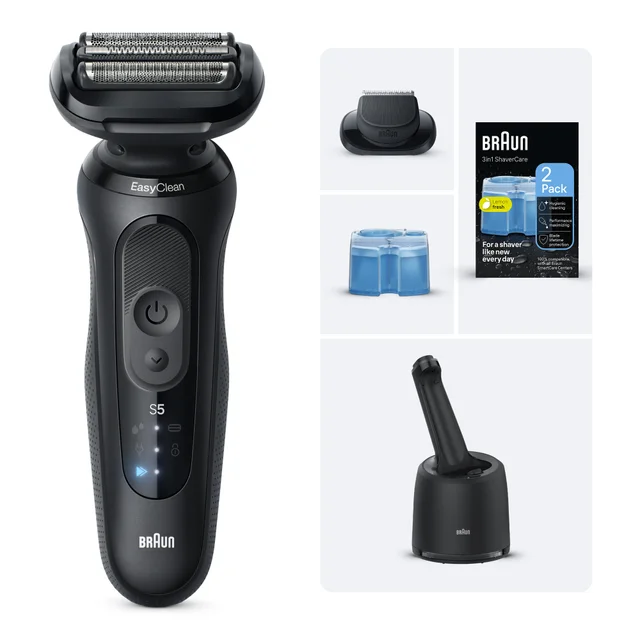 Braun S5 electric shaver with accessories & 3in1 ShaverCare pack for a shaver like new every day.