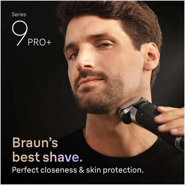 Braun Series 9 PRO+ shaver in use, highlighting perfect closeness and skin protection.