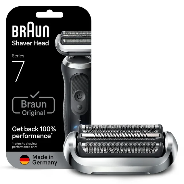 Braun Series 7 Shaver Head and packaging, highlighting 'Get back 100% performance'.