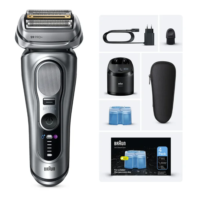 Braun S9 PRO+ shaver with SmartCare station and 4-pack cleaning cartridges for hygienic cleaning.
