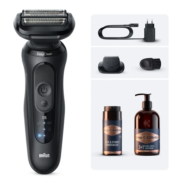 Braun EasyClean S5 shaver and accessories, plus King C. Gillette grooming products.