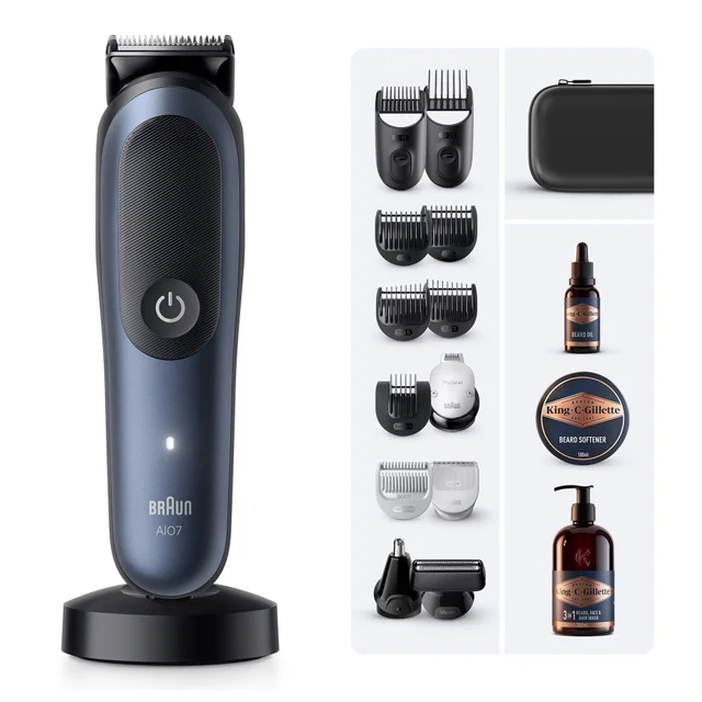 Braun AIO7 trimmer and full grooming kit with multiple attachments and King C. Gillette products.