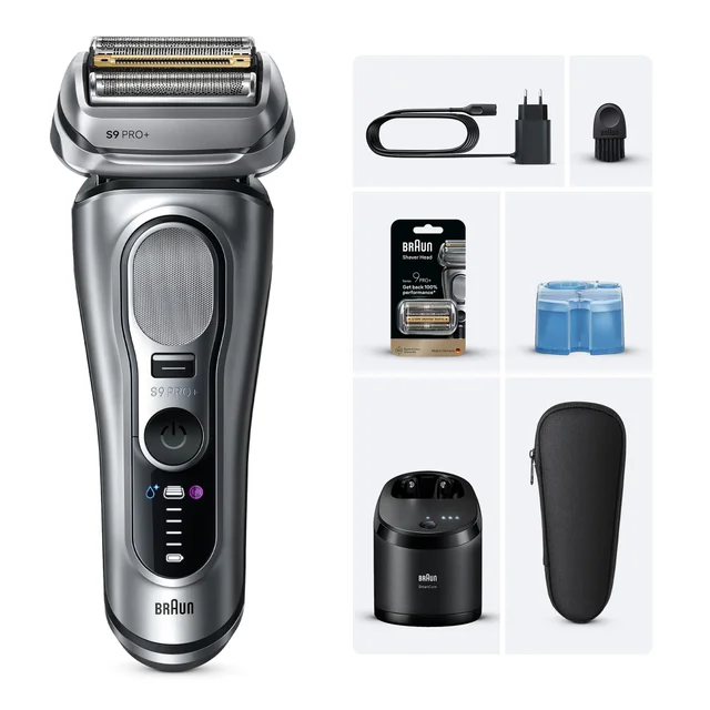Braun Series 9 Pro+ electric shaver with SmartCare station and all included accessories.
