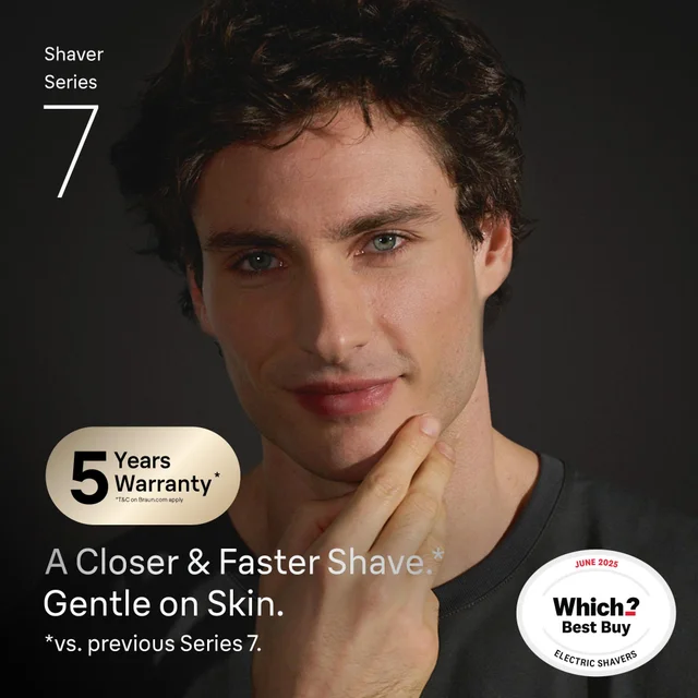 Braun Shaver Series 7, highlighting 5-year warranty and 'Which? Best Buy' award.