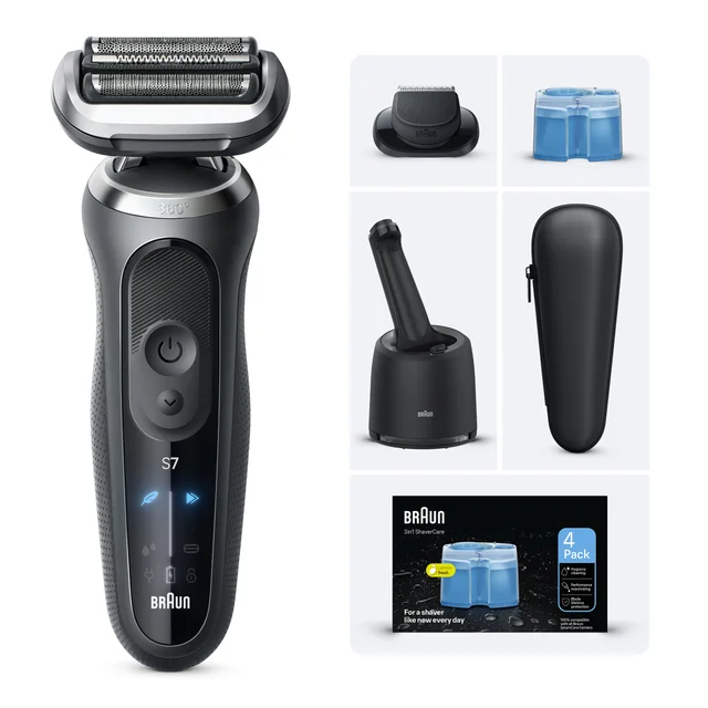 Braun Series 7 shaver with travel case, charging stand & 4-pack cleaning cartridges.
