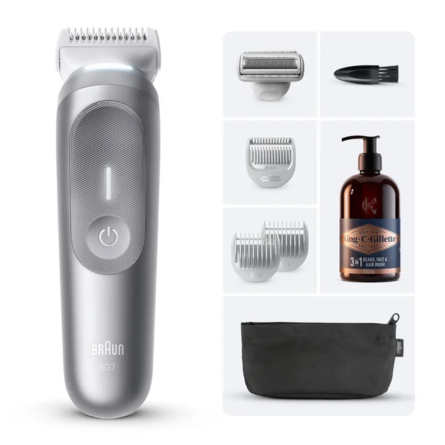 Braun BG7 trimmer with multiple attachments, King C. Gillette body and face wash for full body care.