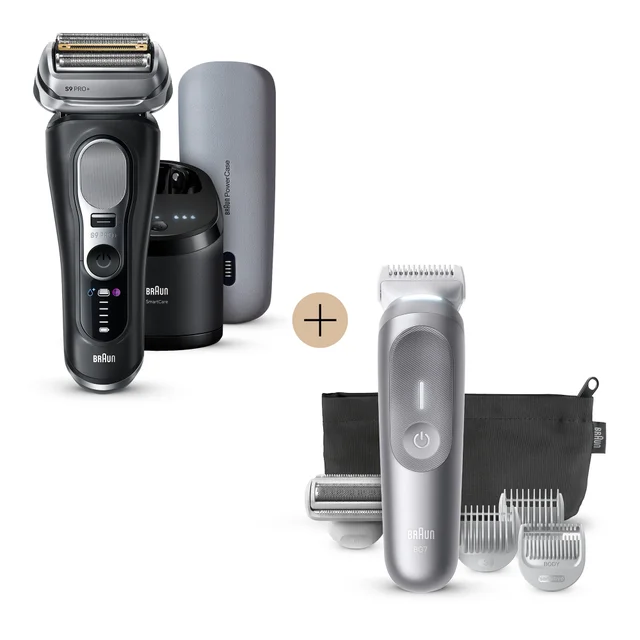 Braun S9 Pro+ shaver and BG7 body groomer bundle with SmartCare station and attachments.