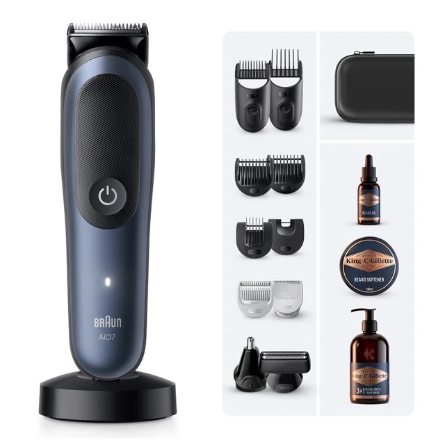 Braun AIO7 All-in-One trimmer, multiple attachments & King C. Gillette beard care products.
