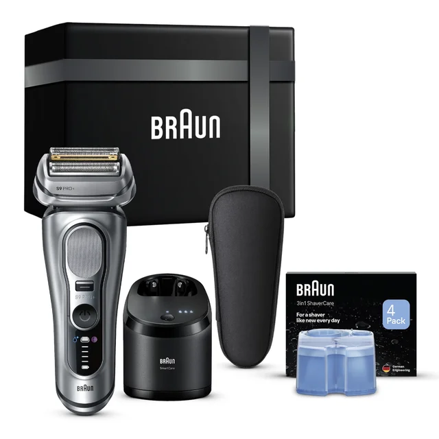 Braun S9 PRO+ Shaver, SmartCare station, travel case & 4 cleaning cartridges.