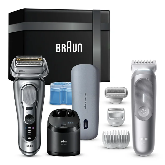 Braun S9 Pro+ shaver and BG7 body groomer kit with SmartCare and grooming attachments.