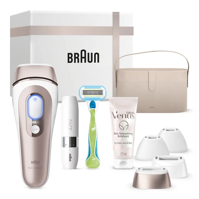 Braun Skin i-expert IPL device kit, complete with facial epilator, Gillette Venus razor, and exfoliant.
