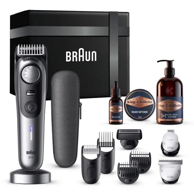 Braun BT9 Multi-Grooming Kit with trimmer, attachments & King C. Gillette beard care products.