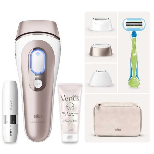 Braun Skin i-expert IPL kit with razor, exfoliant, face attachment, and storage bag.