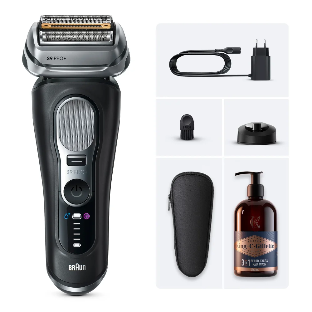 Braun S9 Pro+ shaver, charger, stand, cleaning brush, travel case, and King C. Gillette wash.
