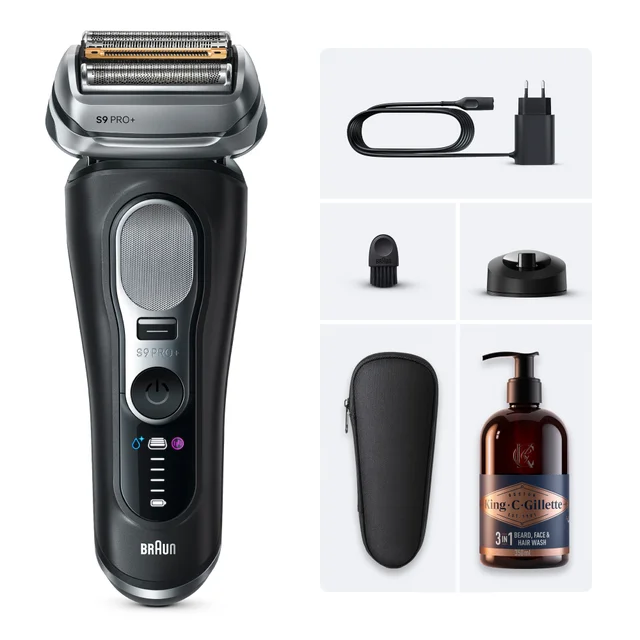 Braun S9 Pro+ shaver, charger, stand, cleaning brush, travel case, and King C. Gillette wash.