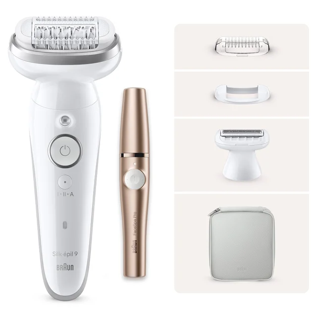 Braun Silk-épil 9 epilator and FaceSpa Pro kit with various attachments and case.