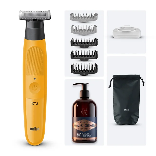 Braun XT3 trimmer kit with multiple comb attachments, blade protector, pouch, and 3-in-1 wash.