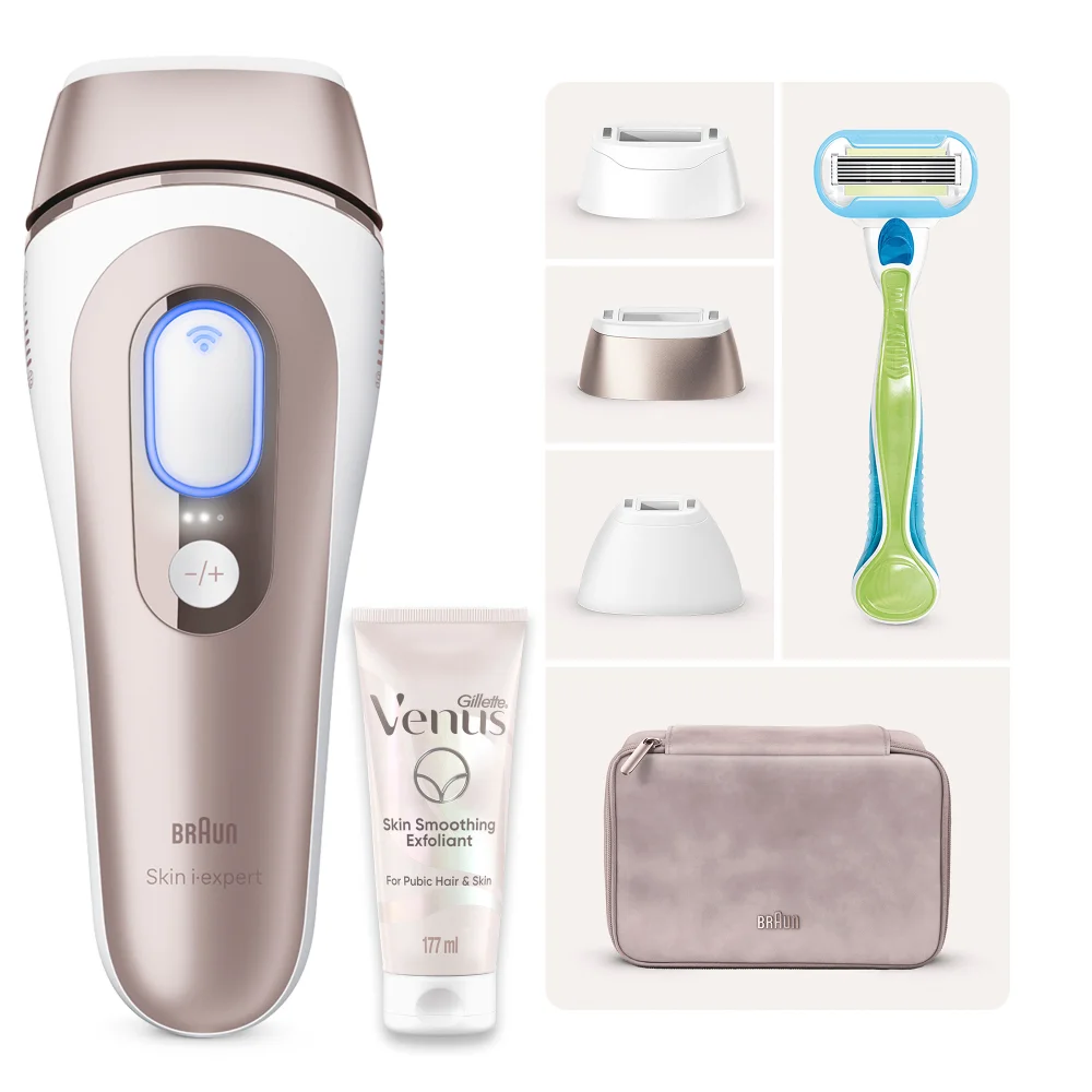 Braun Skin i-expert IPL kit with Gillette Venus razor, exfoliant, multiple heads & storage pouch.