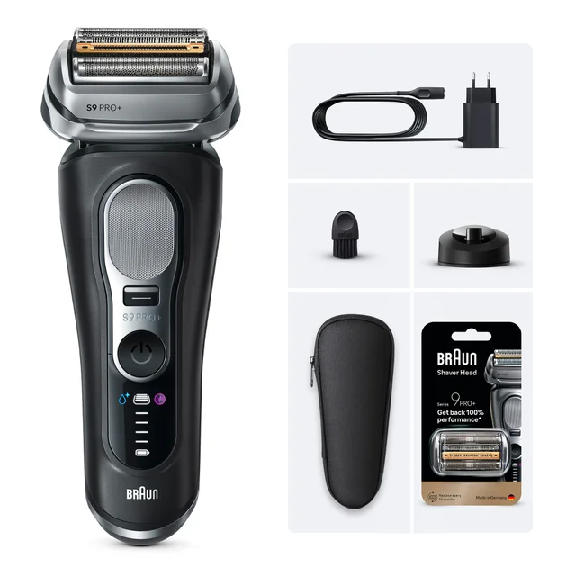 Braun Series 9 Pro+ shaver and accessories, highlighting 100% performance with replacement head.